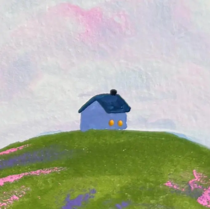 Minimalist painting of a small blue house on a green hill with a pastel sky background